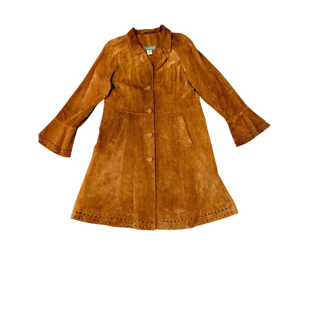 Clifford & Wills Womens 16 Brown Suede Leather Trench Coat Bell Sleeve Boho 90s